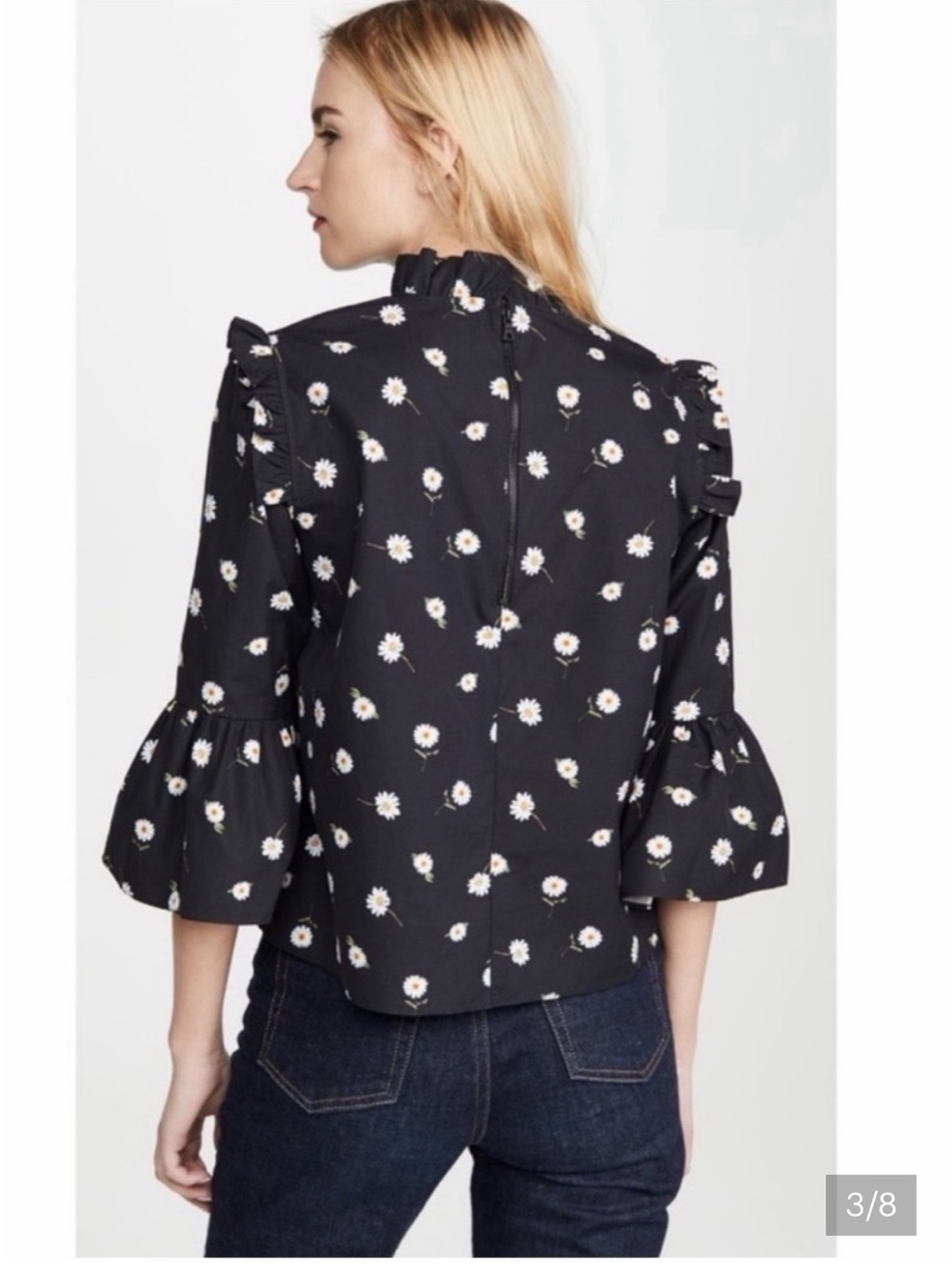 Alice + Olivia Black Daisy-Print Ruffle-Neck Blouse - Picture 2 of 3